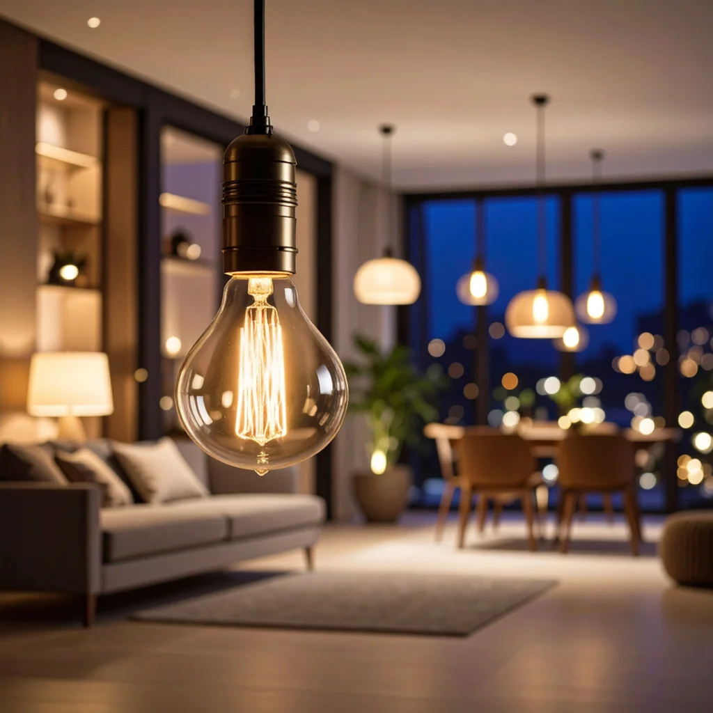 une ampoule lumineuse dans la nuit d'un appartement avec un arrière plan flou
