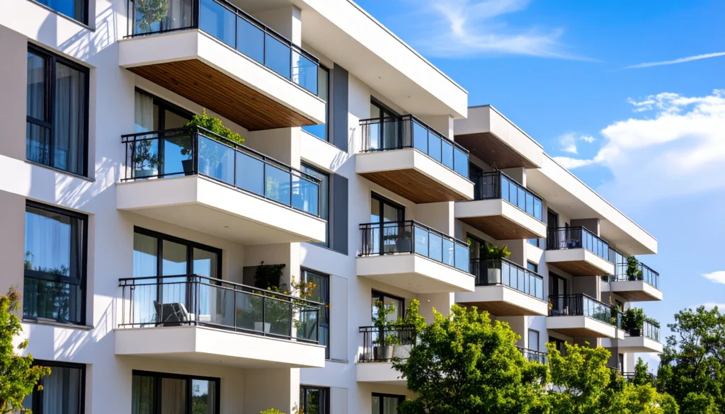 une façade de copropriété vue de 3/4 avec des balcons