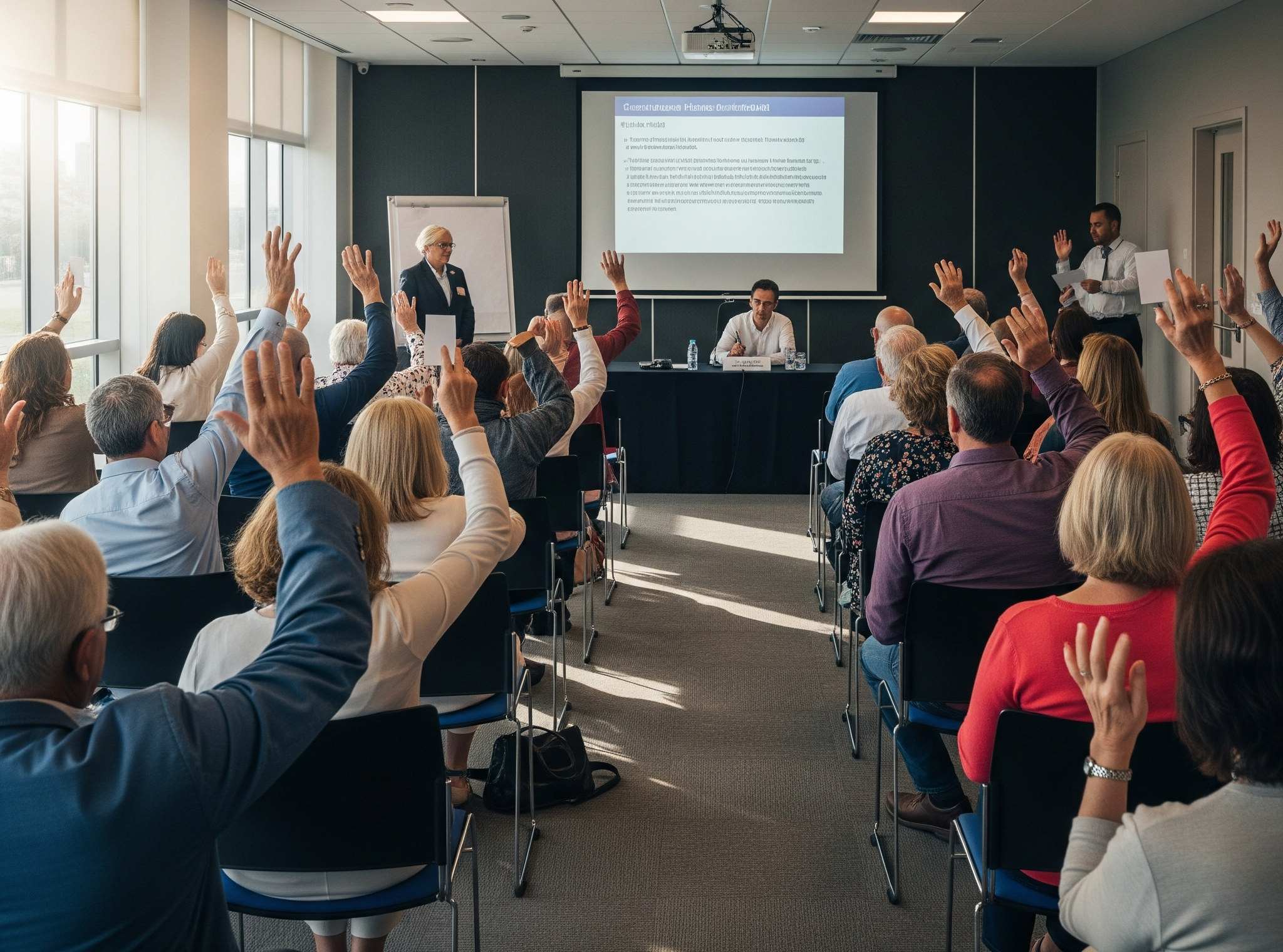 assemblé général dans une salle, des personnes lèvent la main