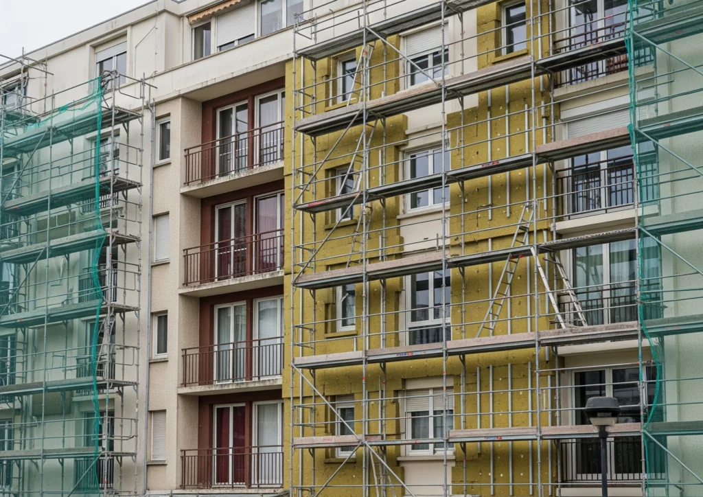 façade d'immeuble, échafaudage