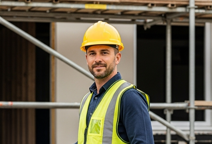 homme, gilet et casque jaune